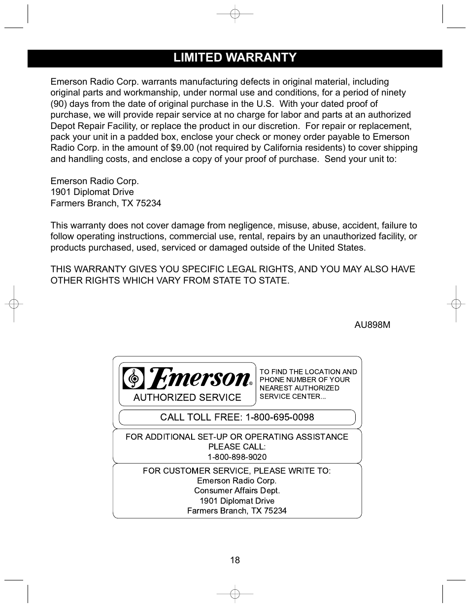Limited warranty | Emerson PD6870CH User Manual | Page 19 / 20