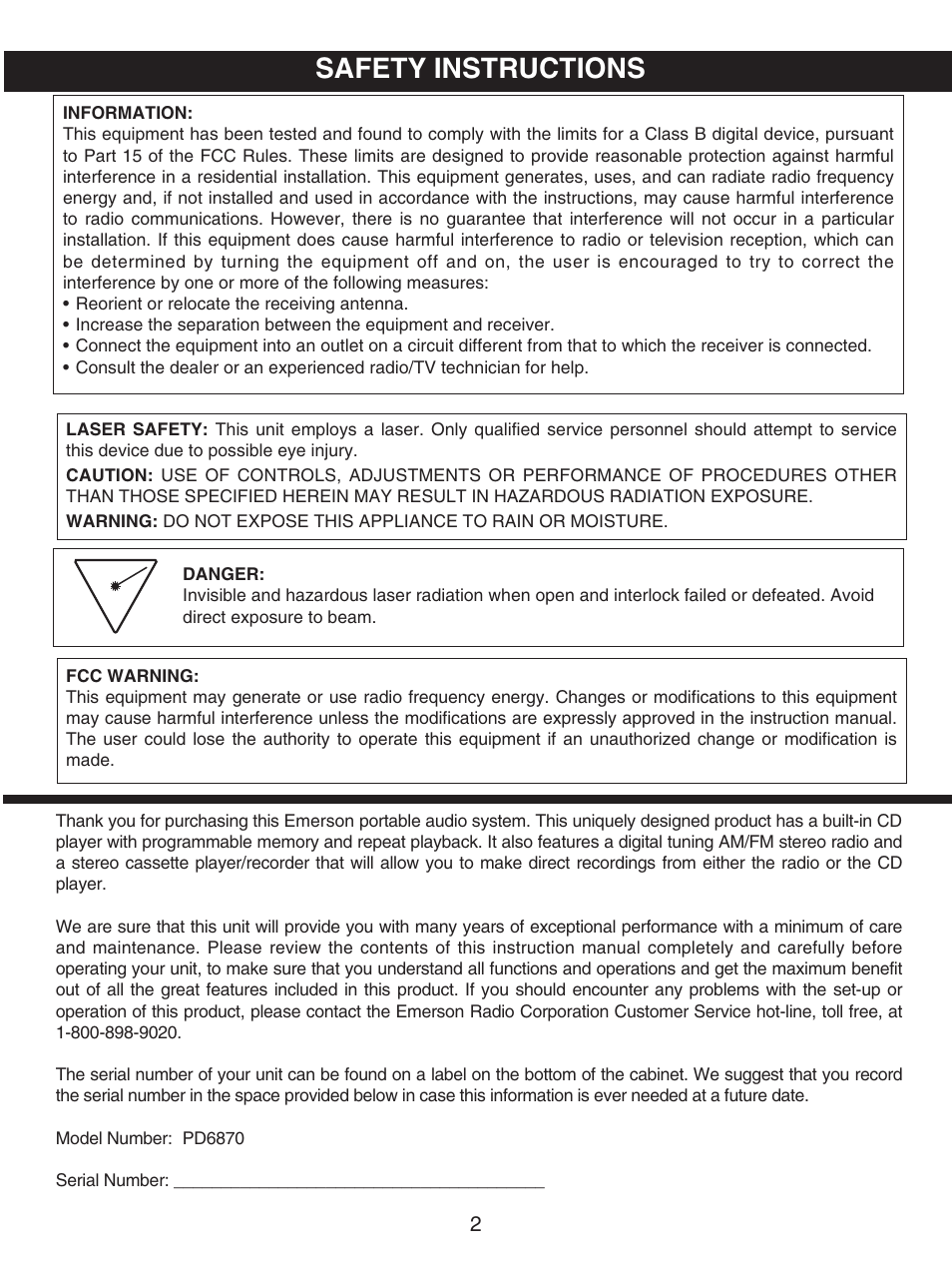Safety instructions | Emerson PD6870CH User Manual | Page 3 / 20