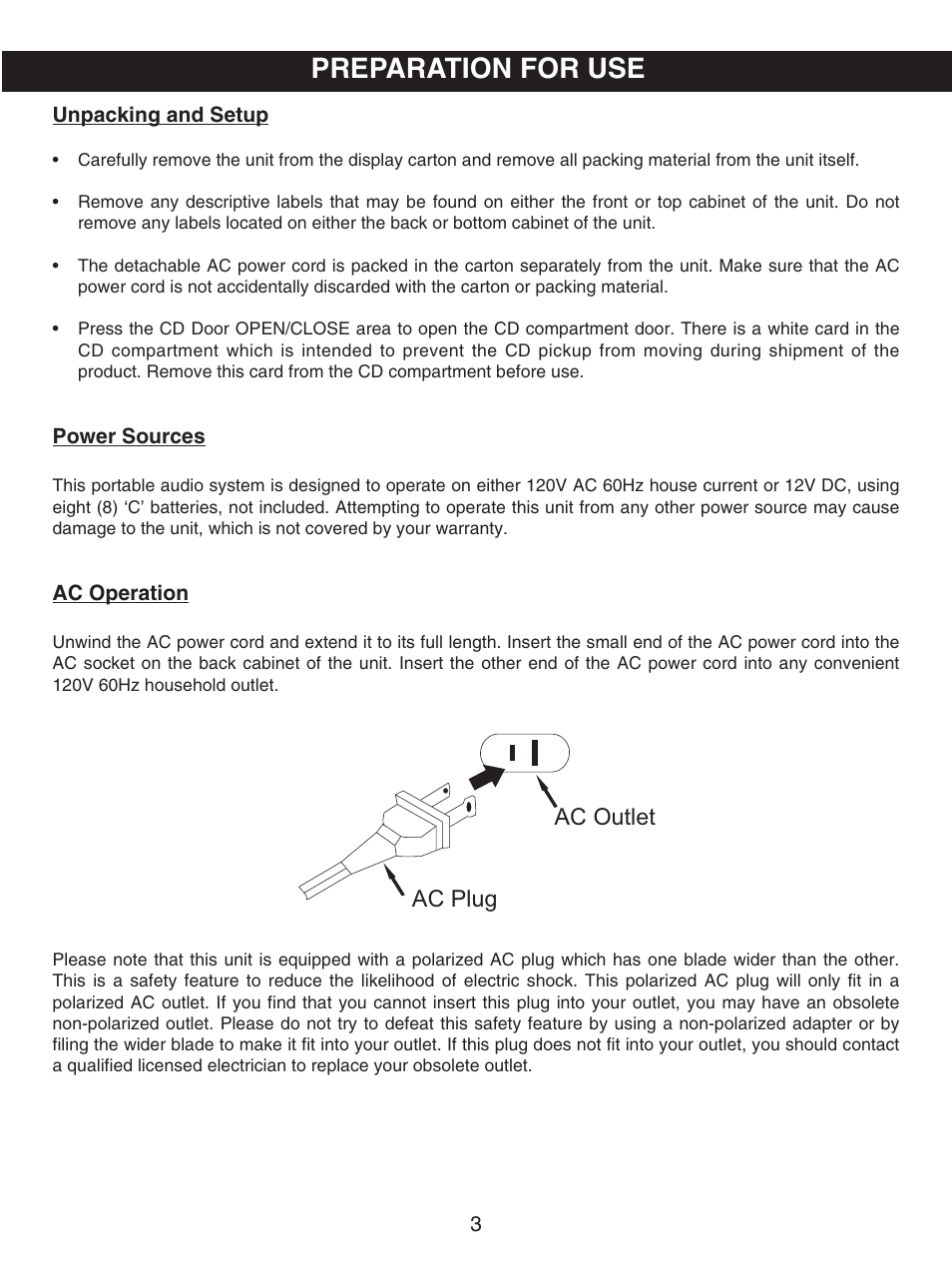 Preparation for use, Ac plug ac outlet | Emerson PD6870CH User Manual | Page 4 / 20
