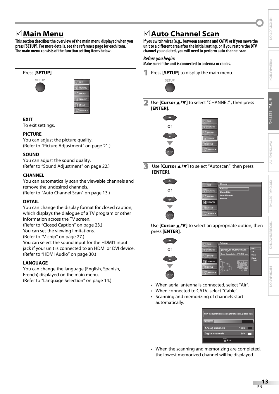 Main menu, 5auto channel scan, Before you begin | Emerson LC320EM9 B User Manual | Page 13 / 72