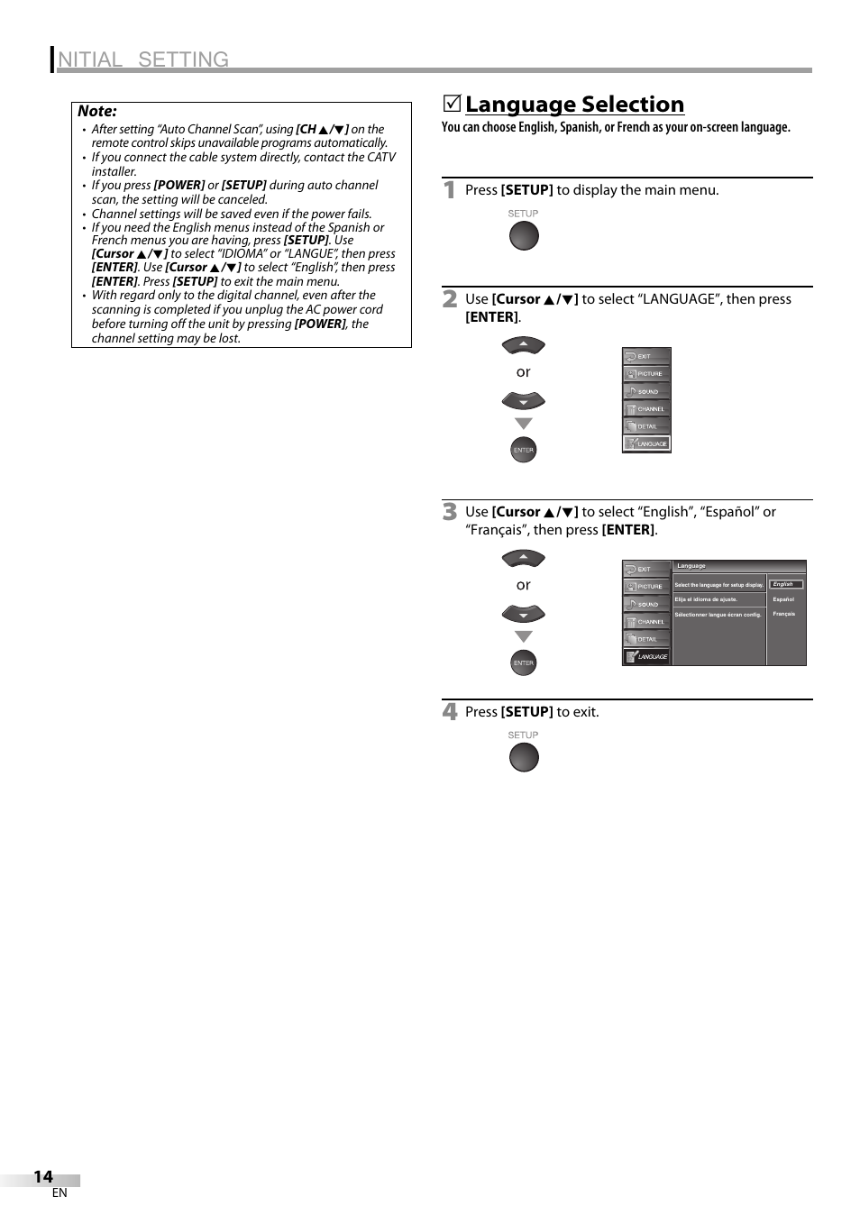 Nitial setting, Language selection | Emerson LC320EM9 B User Manual | Page 14 / 72