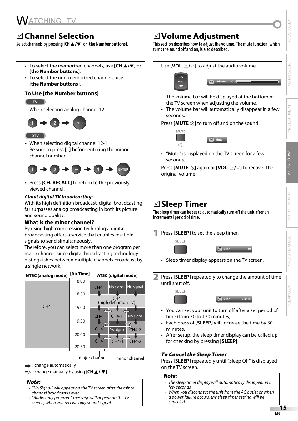 Atching tv, Channel selection, Volume adjustment | Sleep timer | Emerson LC320EM9 B User Manual | Page 15 / 72