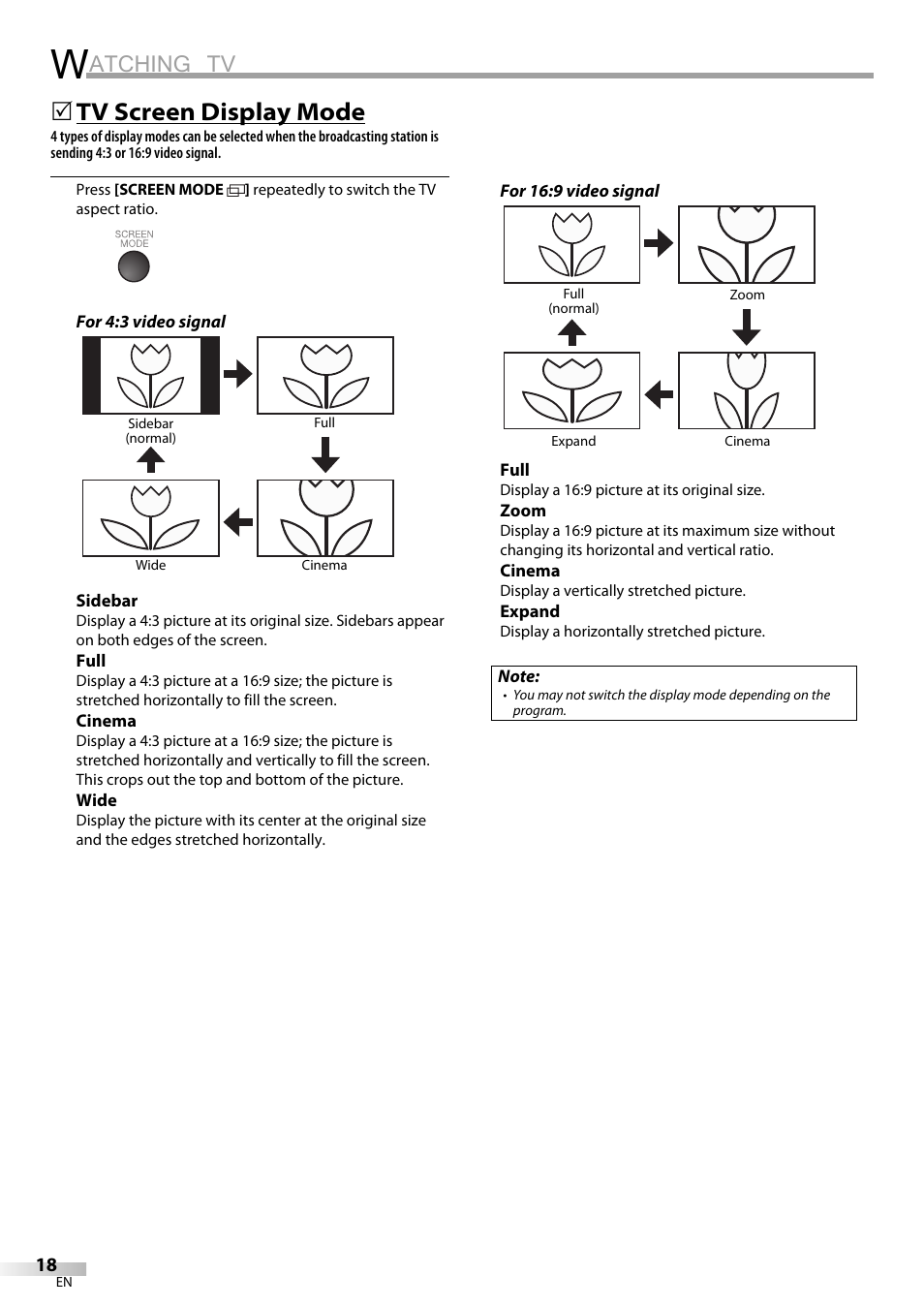 Atching tv, Tv screen display mode | Emerson LC320EM9 B User Manual | Page 18 / 72