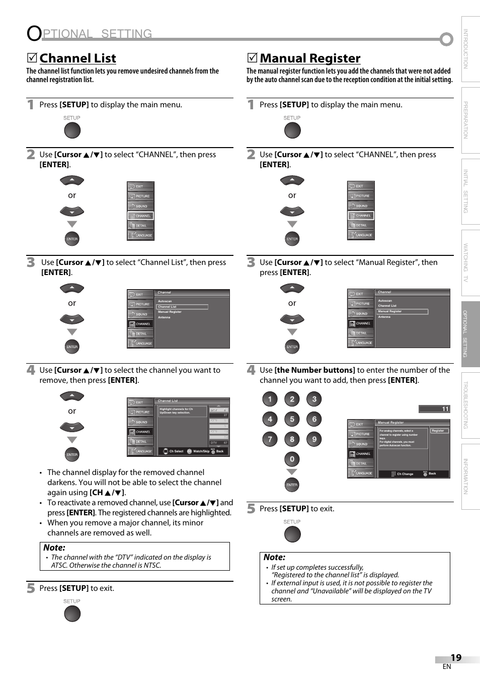 Ptional setting, Channel list, Manual register | Emerson LC320EM9 B User Manual | Page 19 / 72