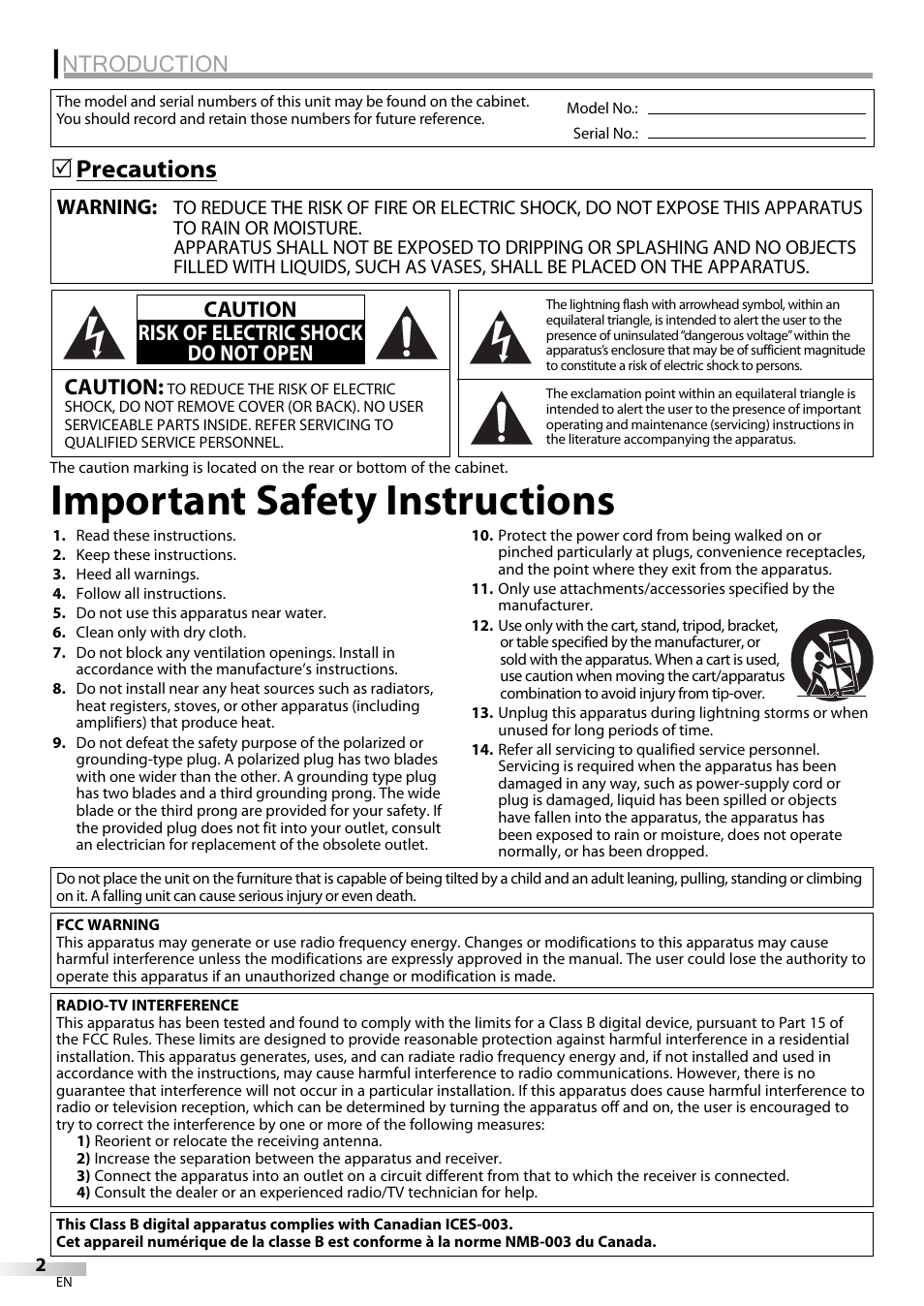 Important safety instructions, Ntroduction, Precautions 5 | Emerson LC320EM9 B User Manual | Page 2 / 72