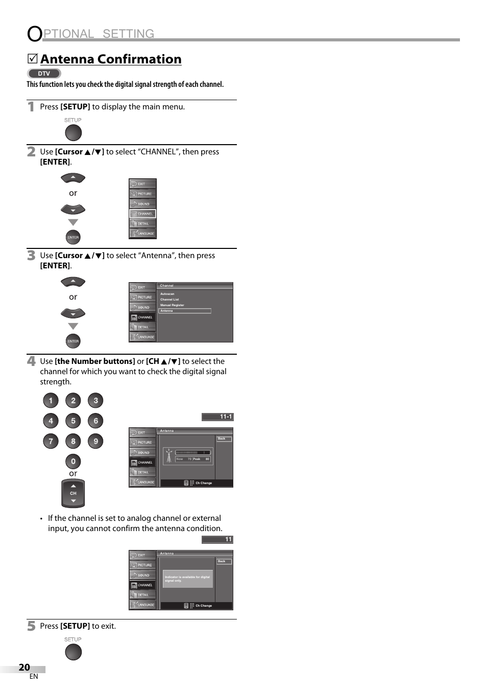 Ptional setting, Antenna confirmation | Emerson LC320EM9 B User Manual | Page 20 / 72