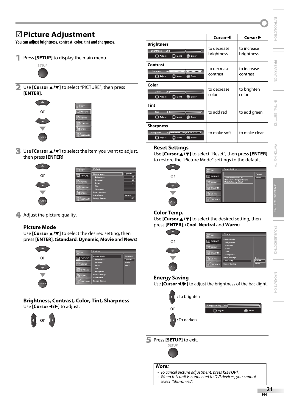 Picture adjustment, Picture mode, Brightness, contrast, color, tint, sharpness | Reset settings, Color temp, Energy saving, Troubleshooting information, Press [setup] to display the main menu, Adjust the picture quality, Use [cursor s / b ] to adjust | Emerson LC320EM9 B User Manual | Page 21 / 72