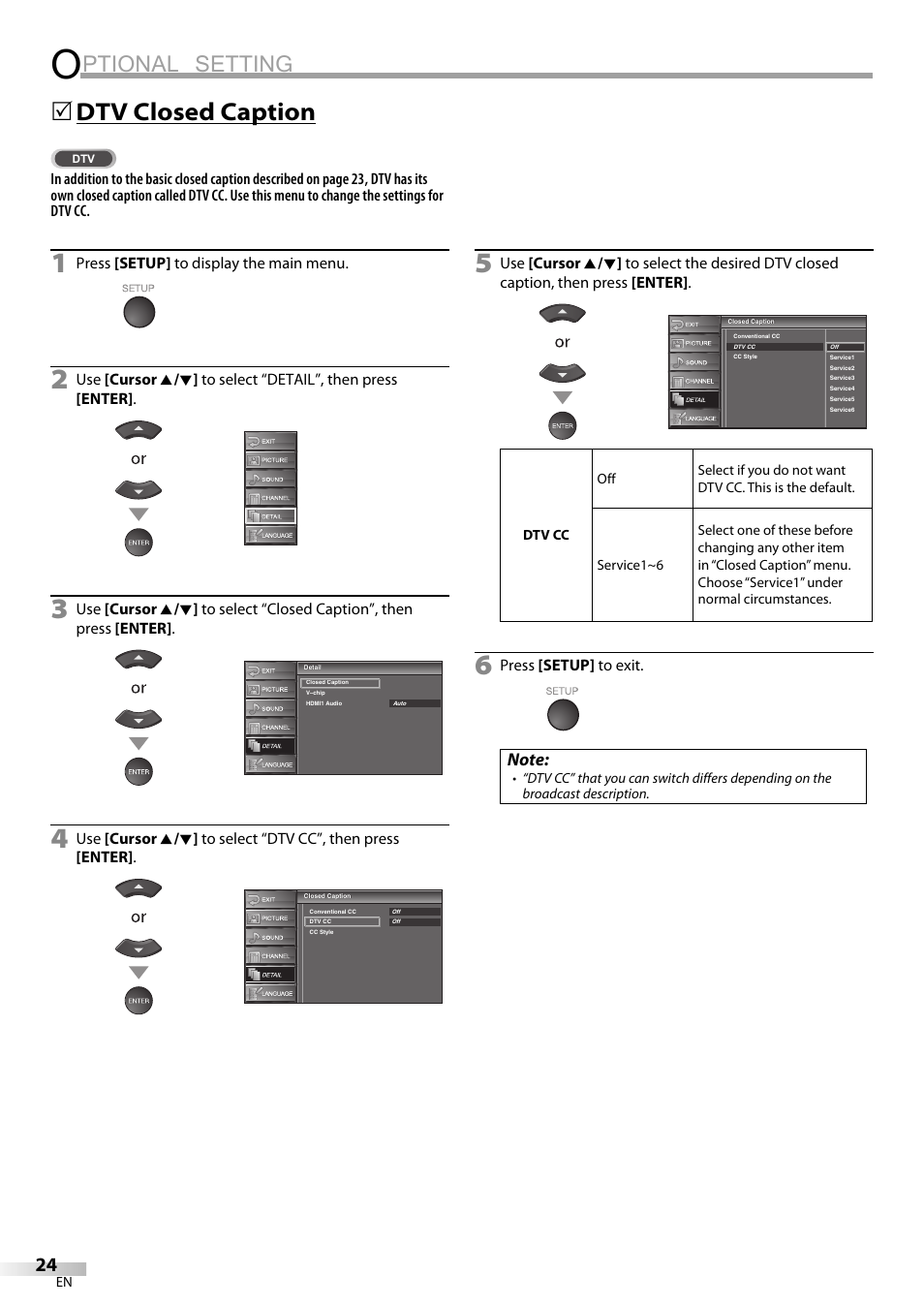 Ptional setting, Dtv closed caption | Emerson LC320EM9 B User Manual | Page 24 / 72