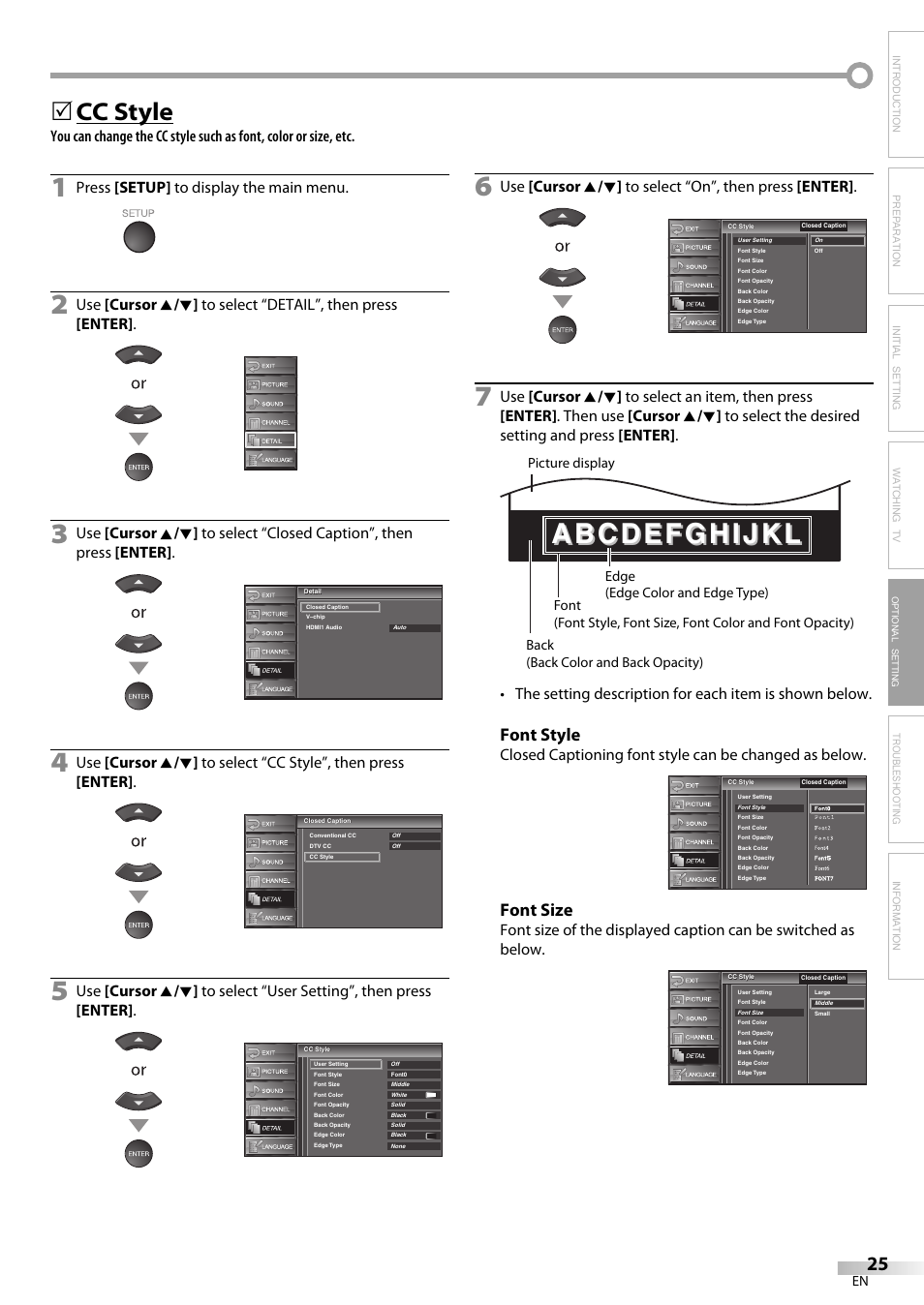 Cc style, Font style, Font size | Troubleshooting information, Press [setup] to display the main menu, Optional setting | Emerson LC320EM9 B User Manual | Page 25 / 72