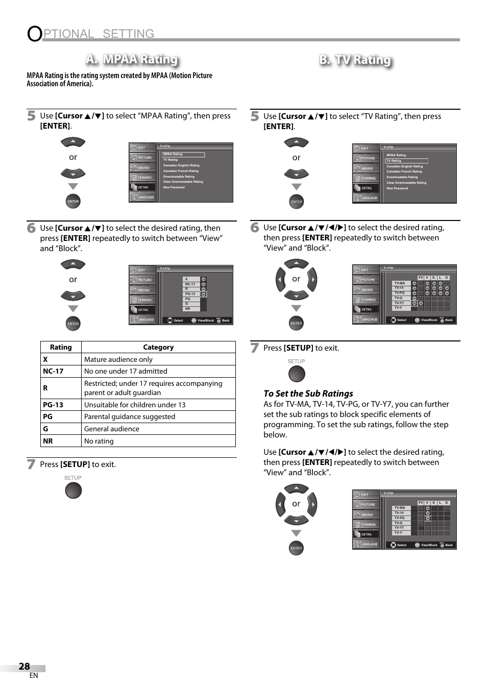 Ptional setting, A. mpaa rating, B. tv rating | Press [setup] to exit | Emerson LC320EM9 B User Manual | Page 28 / 72