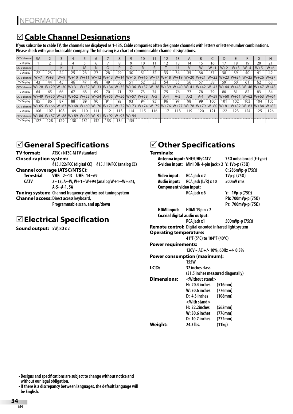 Nformation, General specifications, Electrical specification | 5other specifications, Cable channel designations 5 | Emerson LC320EM9 B User Manual | Page 34 / 72