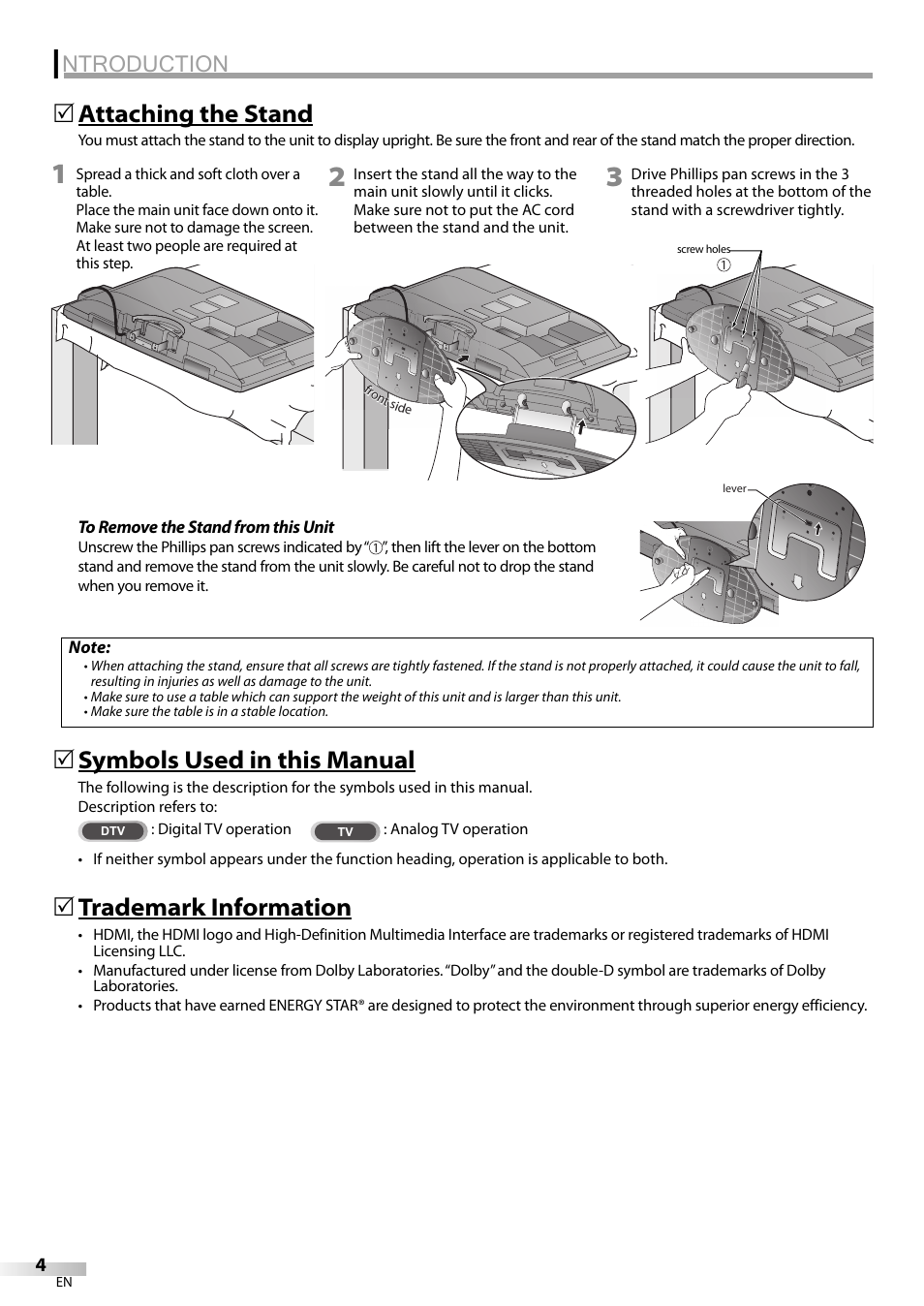 Ntroduction, Symbols used in this manual, Attaching the stand | Trademark information | Emerson LC320EM9 B User Manual | Page 4 / 72