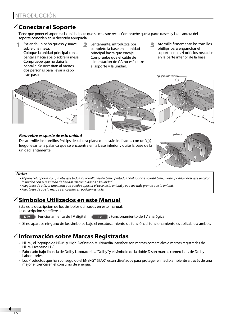 Ntroducción, Símbolos utilizados en este manual, Conectar el soporte | 5información sobre marcas registradas | Emerson LC320EM9 B User Manual | Page 40 / 72