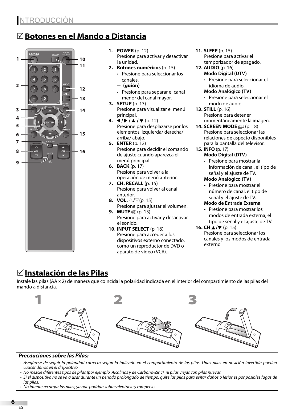 Ntroducción, Botones en el mando a distancia 5, Instalación de las pilas | Emerson LC320EM9 B User Manual | Page 42 / 72