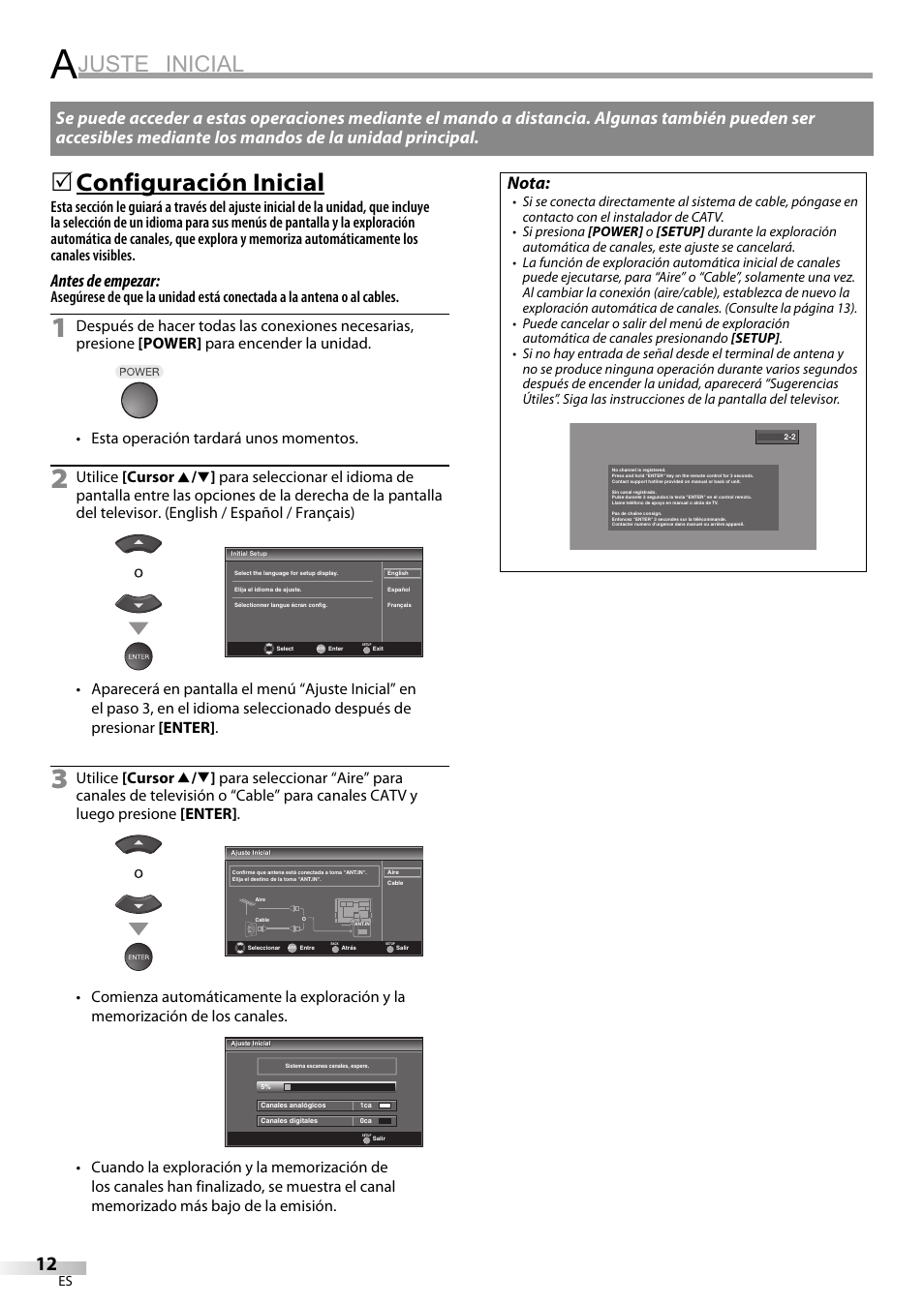 Juste inicial, Configuración inicial, Antes de empezar | Nota | Emerson LC320EM9 B User Manual | Page 48 / 72