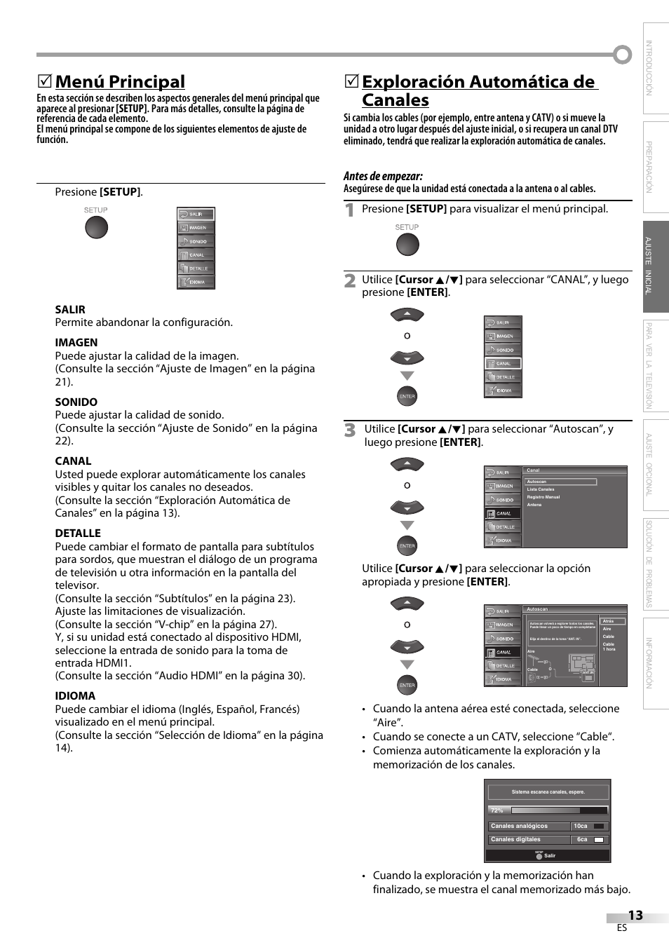 Menú principal, 5exploración automática de canales, Antes de empezar | Emerson LC320EM9 B User Manual | Page 49 / 72