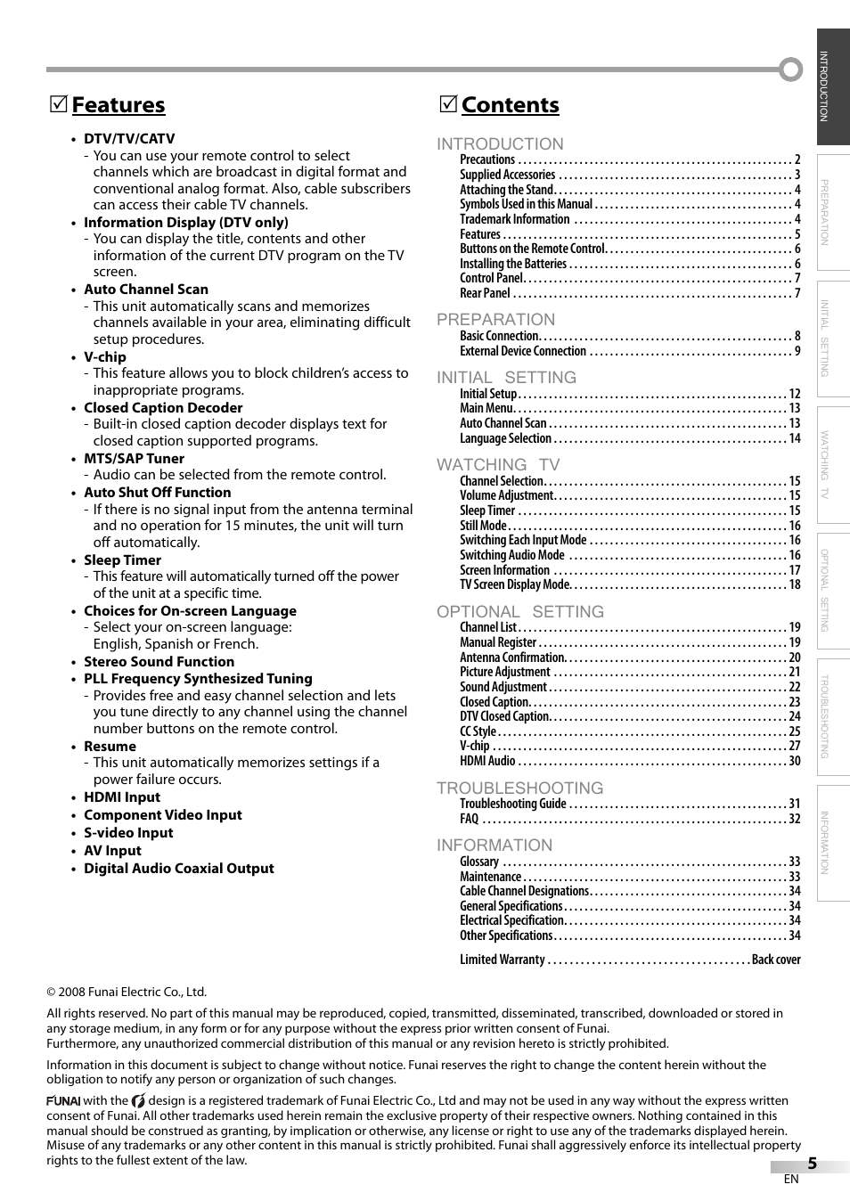 Introduction, Preparation, Initial setting | Watching tv, Optional setting, Troubleshooting, Information, Contents 5, Features 5 | Emerson LC320EM9 B User Manual | Page 5 / 72