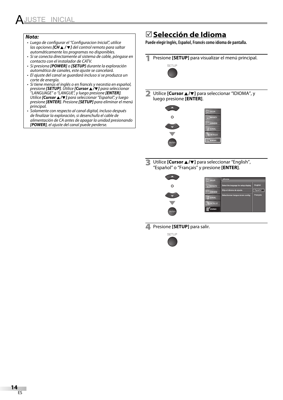 Juste inicial, Selección de idioma | Emerson LC320EM9 B User Manual | Page 50 / 72