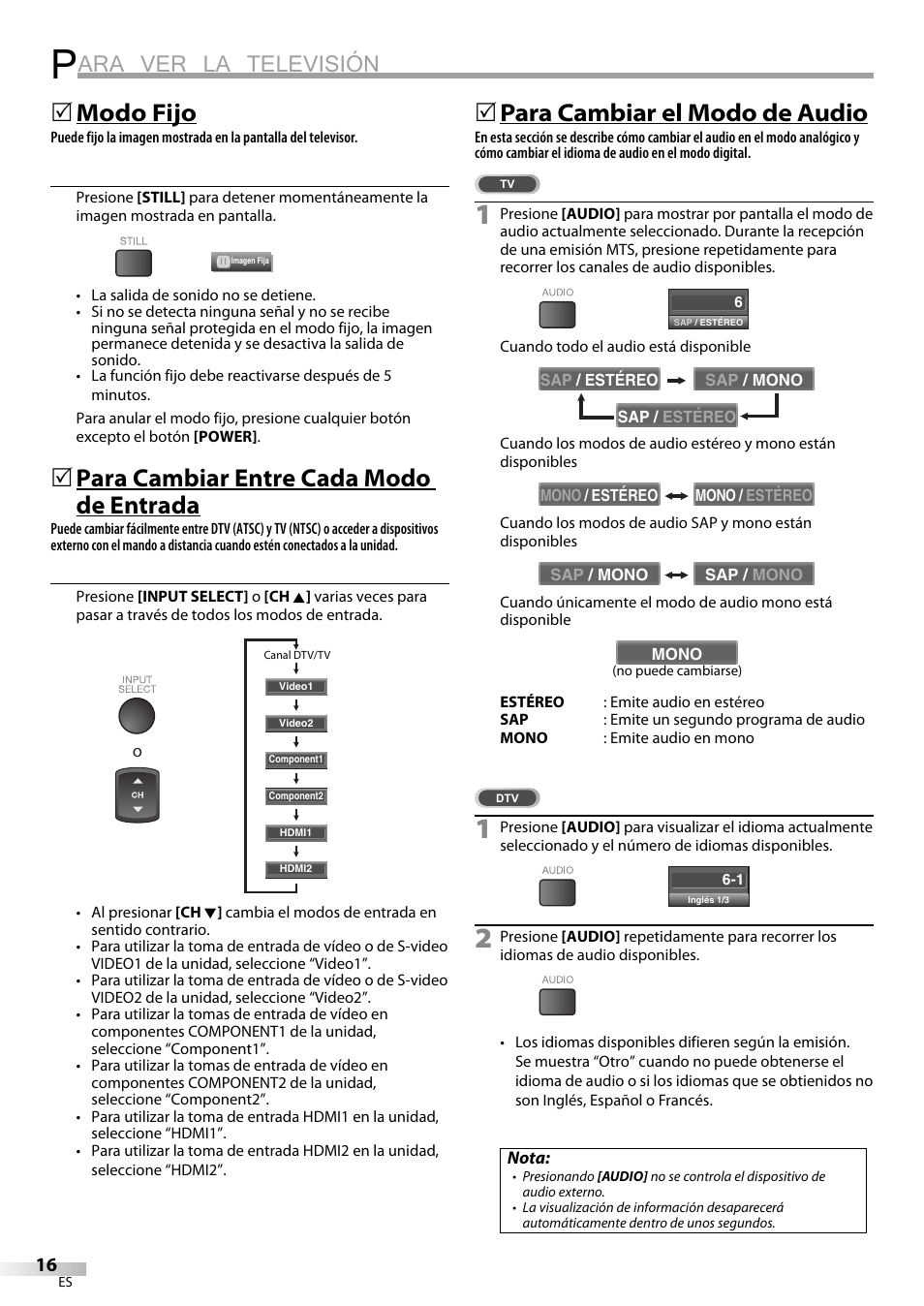 Ara ver la televisión, Modo fijo, Para cambiar entre cada modo de entrada | Para cambiar el modo de audio | Emerson LC320EM9 B User Manual | Page 52 / 72