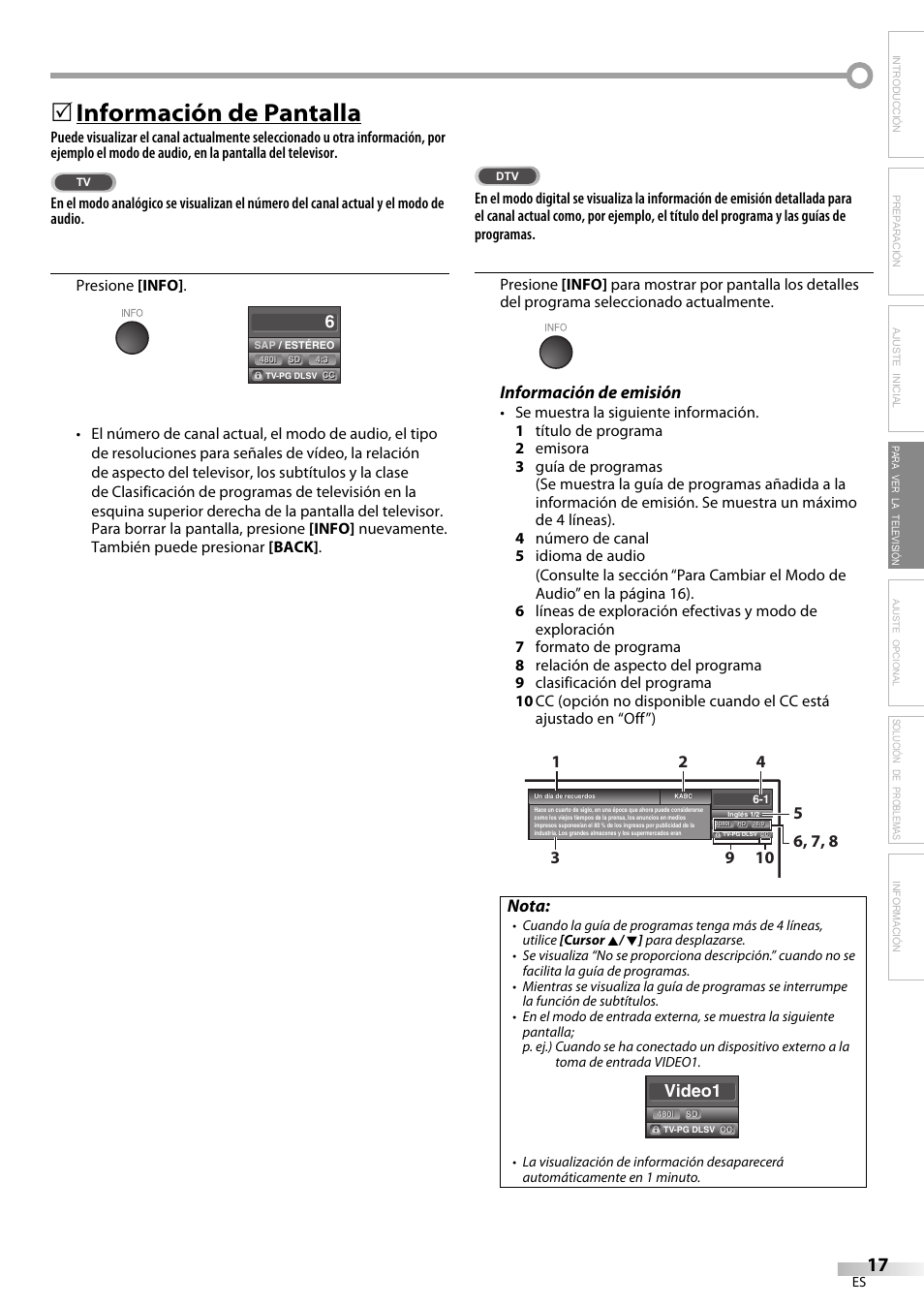 Información de pantalla, Información de emisión, Nota | Video1, Solución de problemas información | Emerson LC320EM9 B User Manual | Page 53 / 72