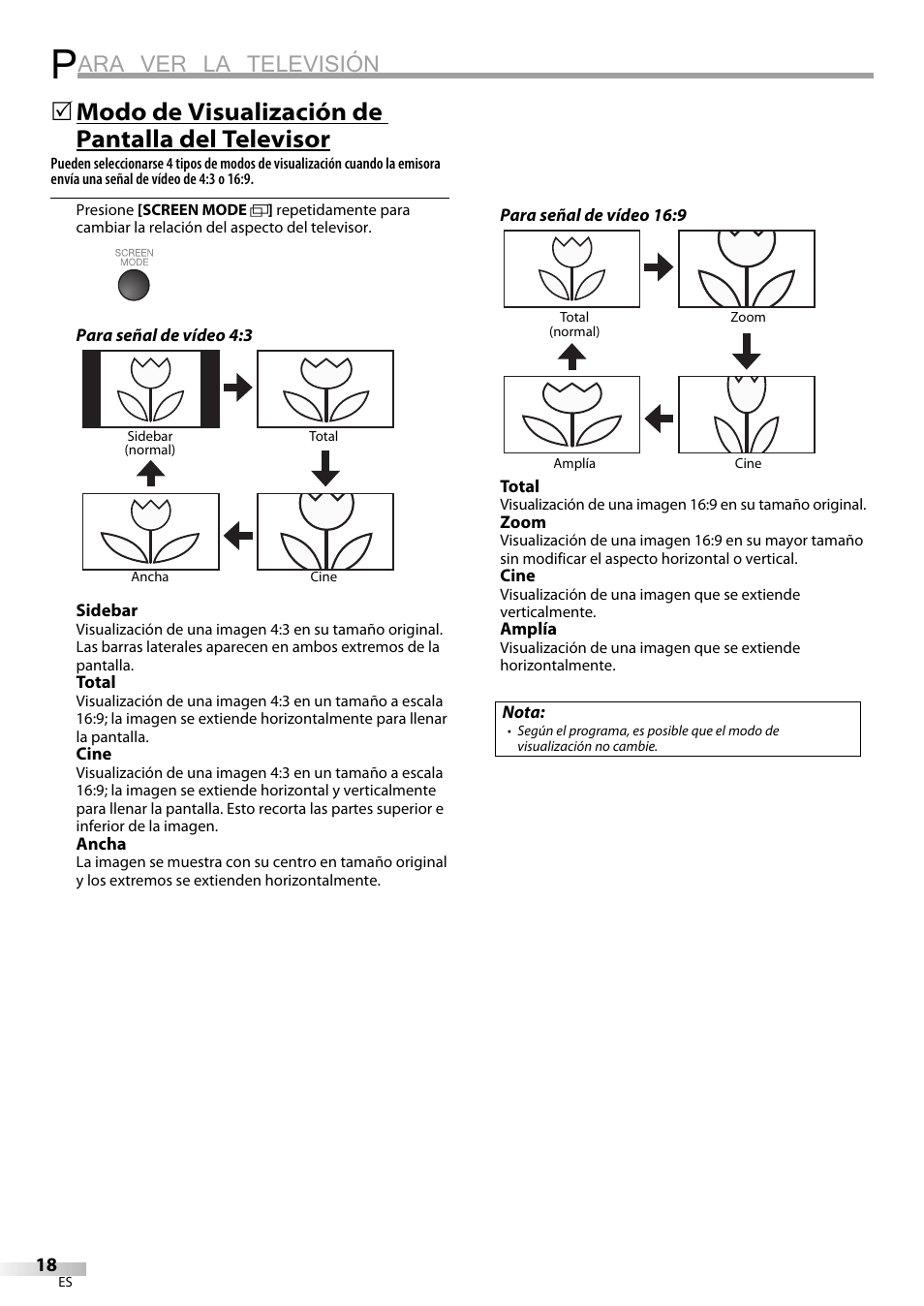 Ara ver la televisión, Modo de visualización de pantalla del televisor | Emerson LC320EM9 B User Manual | Page 54 / 72