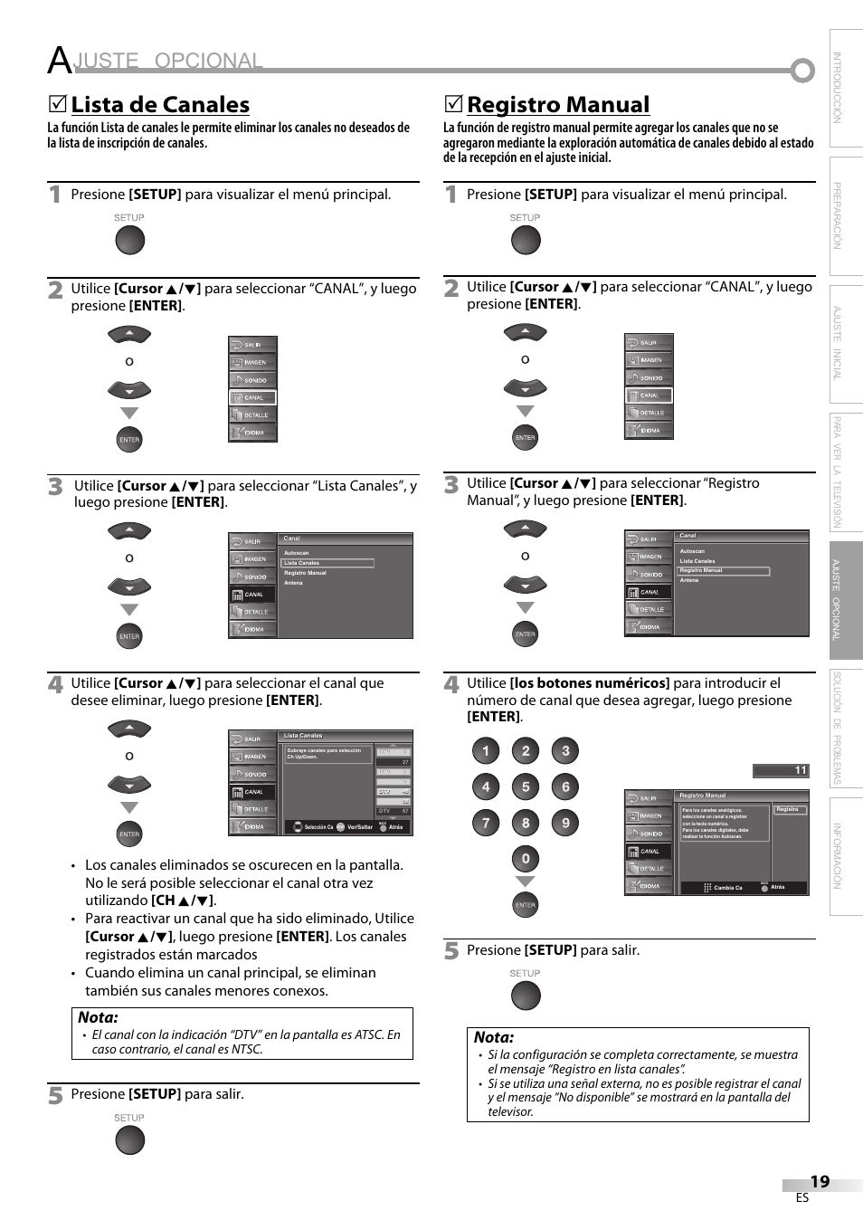 Juste opcional, Lista de canales, Registro manual | Nota | Emerson LC320EM9 B User Manual | Page 55 / 72