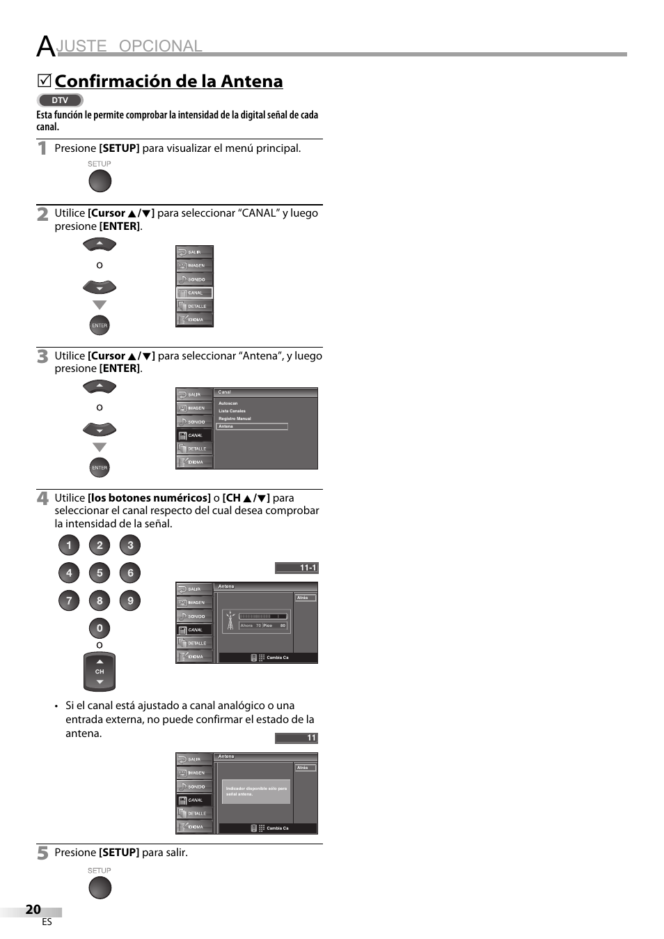 Juste opcional, Confirmación de la antena | Emerson LC320EM9 B User Manual | Page 56 / 72