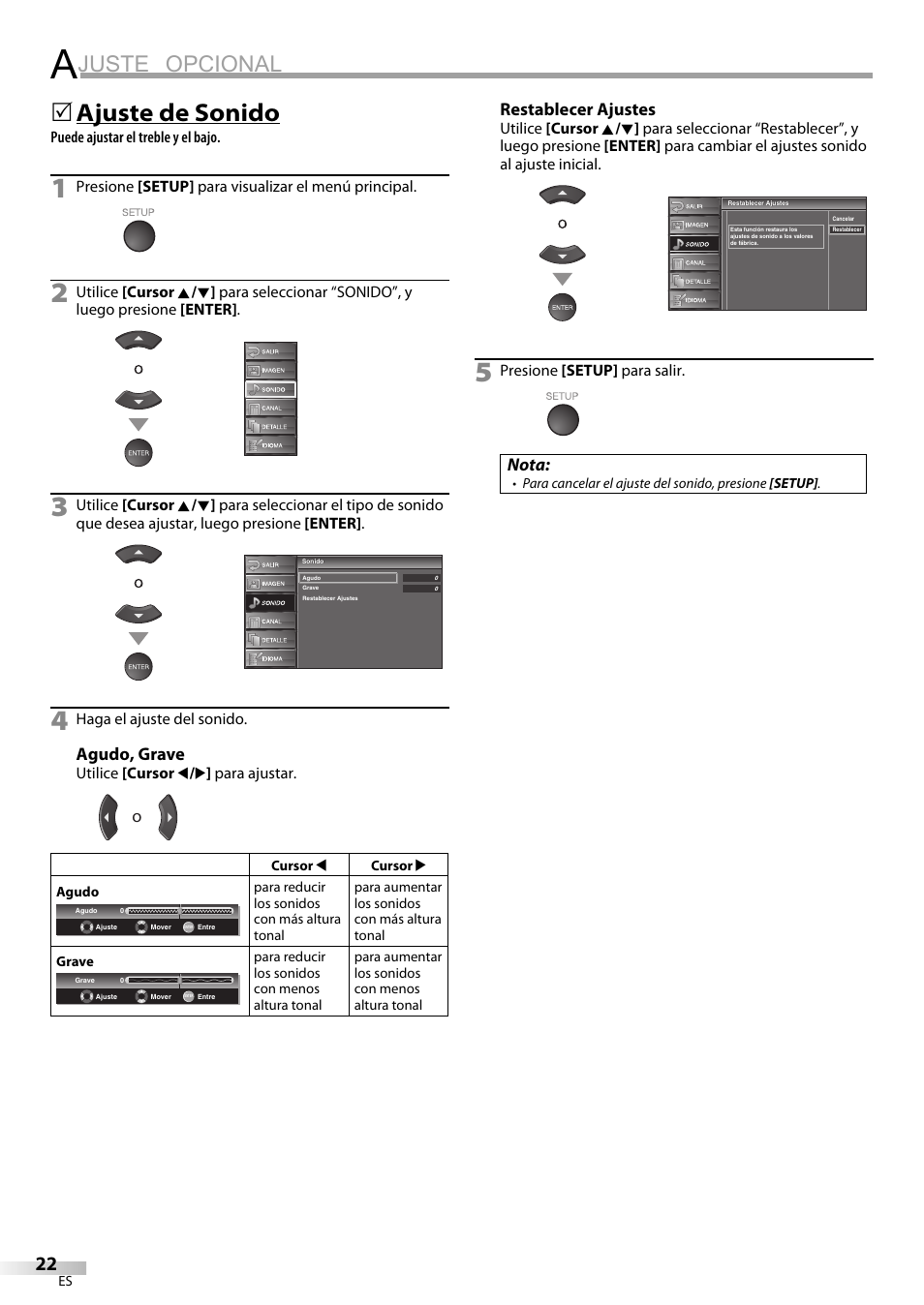 Juste opcional, Ajuste de sonido | Emerson LC320EM9 B User Manual | Page 58 / 72