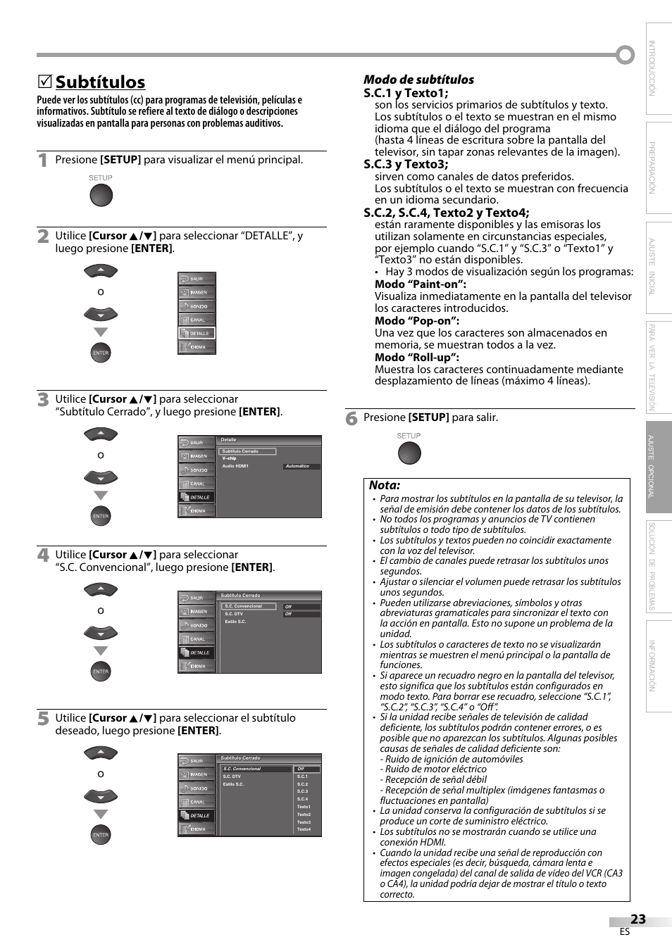 Subtítulos, Modo de subtítulos s.c.1 y texto1, S.c.3 y texto3 | S.c.2, s.c.4, texto2 y texto4, Nota | Emerson LC320EM9 B User Manual | Page 59 / 72
