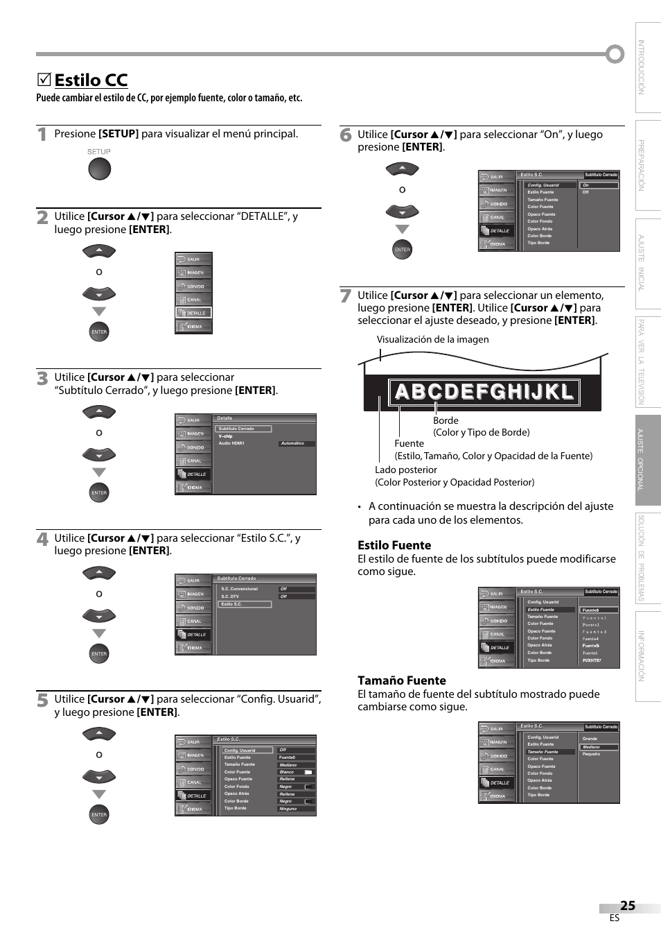 Estilo cc, Estilo fuente, Tamaño fuente | Solución de problemas información, Presione [setup] para visualizar el menú principal, Ajuste opcional | Emerson LC320EM9 B User Manual | Page 61 / 72