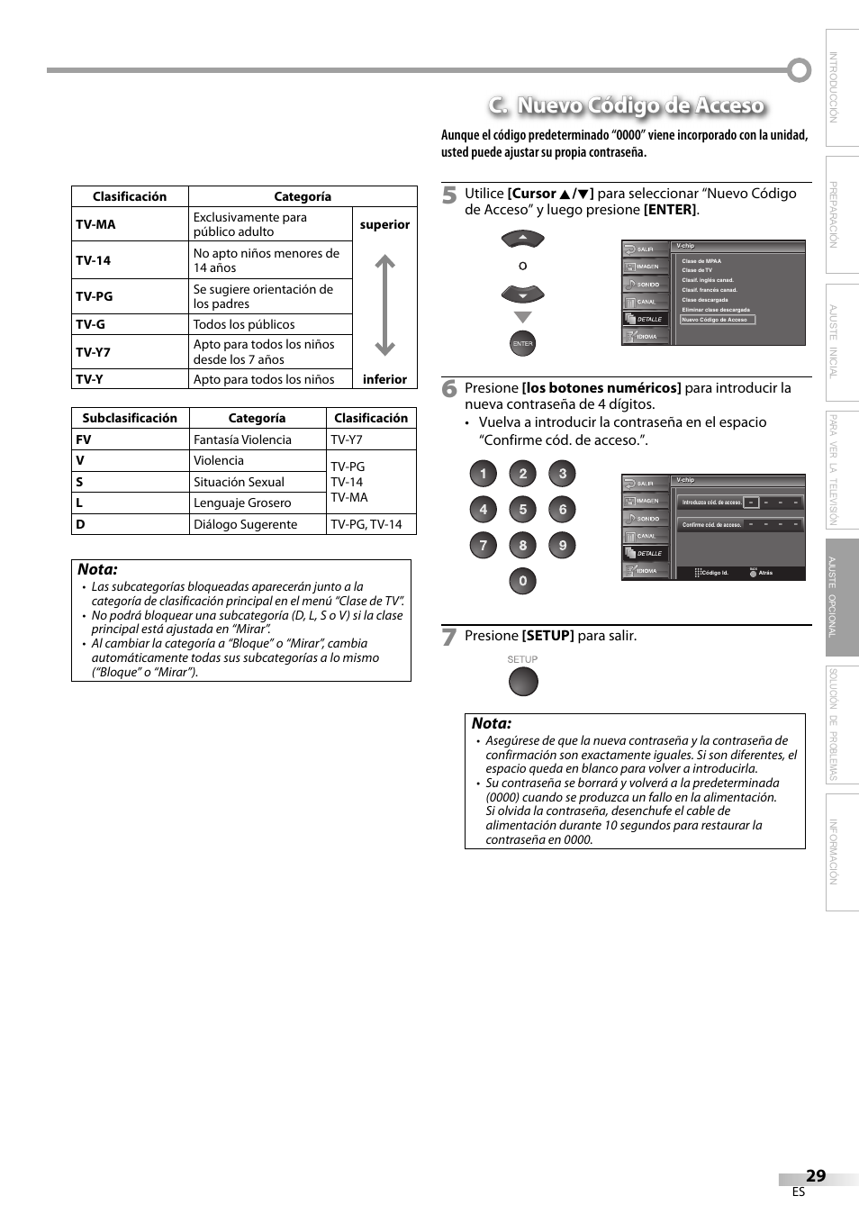 C. nuevo código de acceso, Nota | Emerson LC320EM9 B User Manual | Page 65 / 72