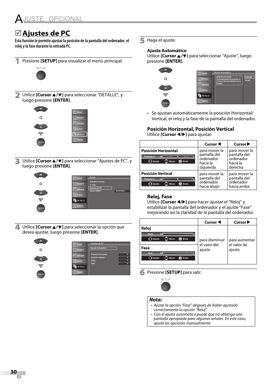 Juste opcional, Ajustes de pc, Posición horizontal, posición vertical | Reloj, fase, Nota | Emerson LC320EM9 B User Manual | Page 66 / 72