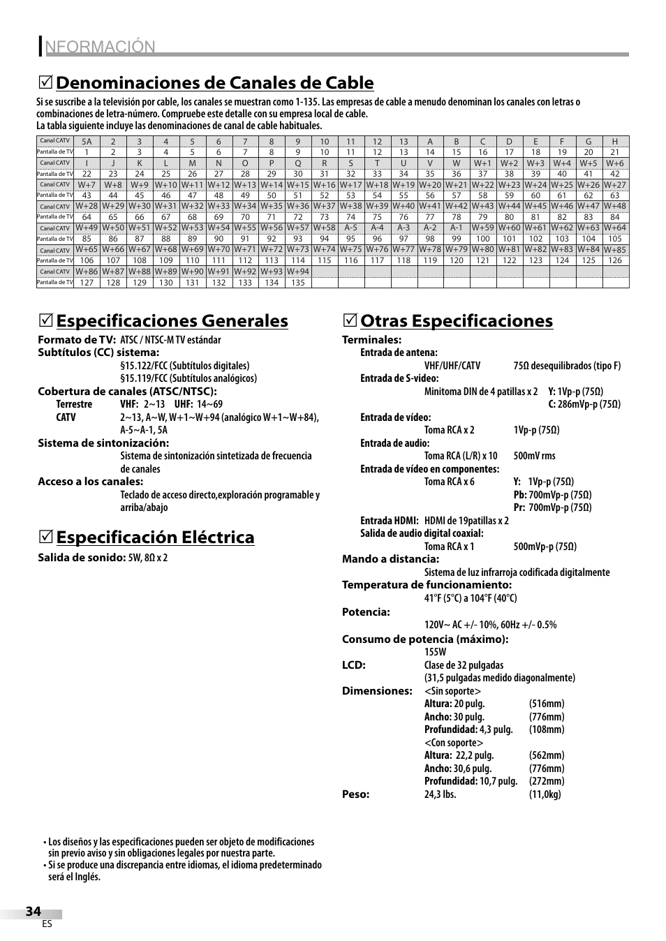 Nformación, Especificaciones generales, Especificación eléctrica | 5otras especificaciones, Denominaciones de canales de cable 5 | Emerson LC320EM9 B User Manual | Page 70 / 72