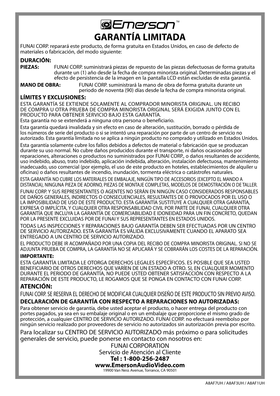 Garantía limitada | Emerson LC320EM9 B User Manual | Page 72 / 72