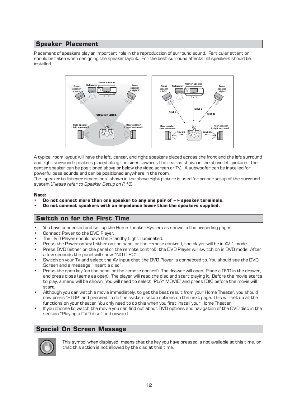 Special on screen message, Speaker placement switch on for the first time | Emerson Radio AV400 User Manual | Page 13 / 32