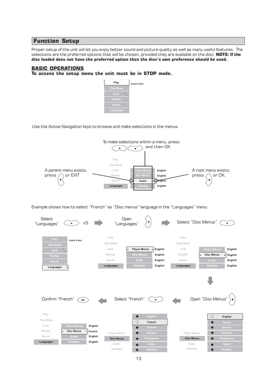 Function setup, Basic operations | Emerson Radio AV400 User Manual | Page 14 / 32