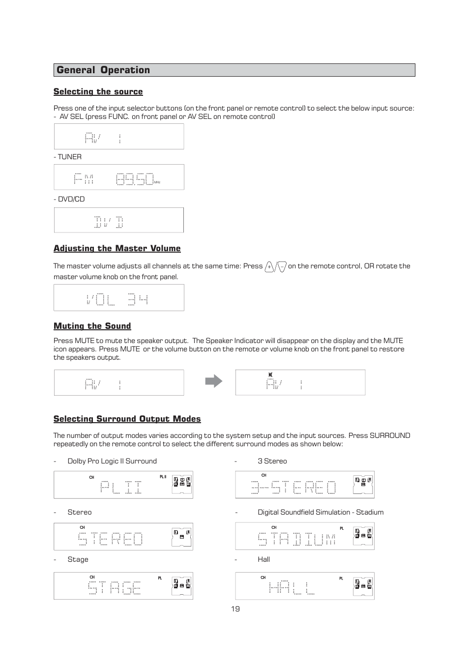 General operation, Selecting the source, Adjusting the master volume | Muting the sound, Selecting surround output modes, Stage - hall | Emerson Radio AV400 User Manual | Page 20 / 32