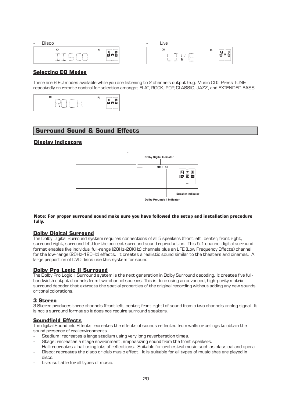 Surround sound & sound effects, Dolby digital surround, Dolby pro logic ii surround | 3 stereo, Soundfield effects, Display indicators, Selecting eq modes | Emerson Radio AV400 User Manual | Page 21 / 32