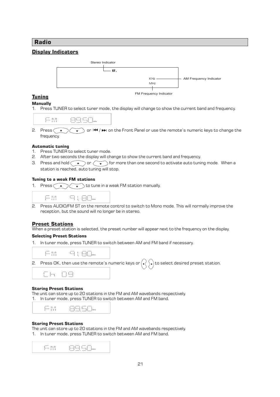 Radio, Display indicators tuning, Preset stations | Emerson Radio AV400 User Manual | Page 22 / 32