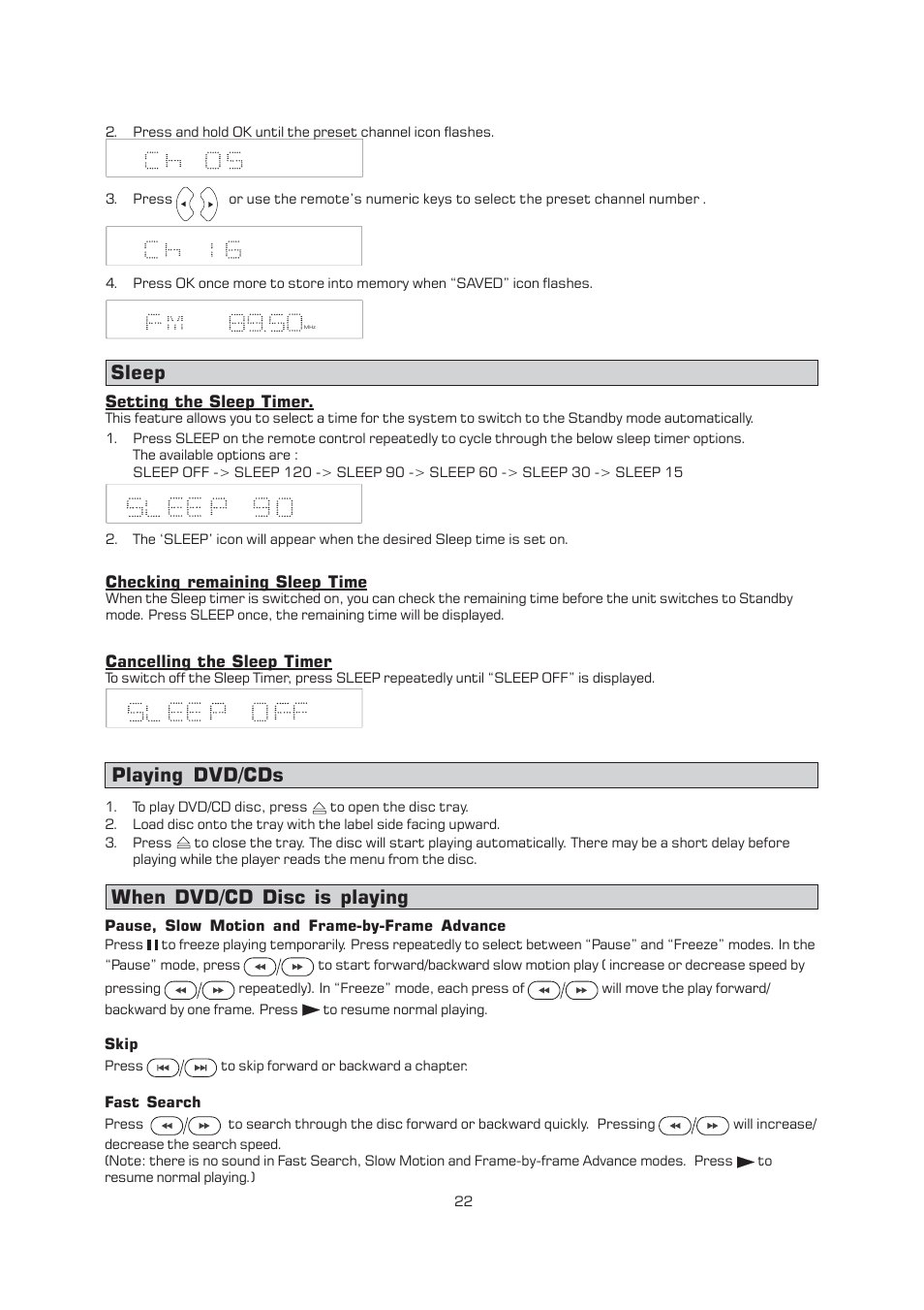 Sleep, Playing dvd/cds, When dvd/cd disc is playing | Emerson Radio AV400 User Manual | Page 23 / 32