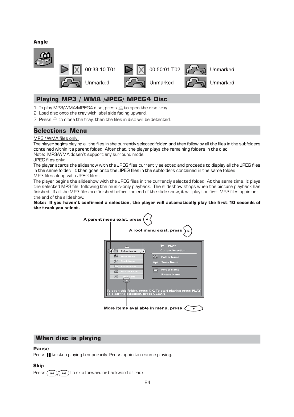Playing mp3 / wma /jpeg/ mpeg4 disc, Selections menu, When disc is playing | Emerson Radio AV400 User Manual | Page 25 / 32