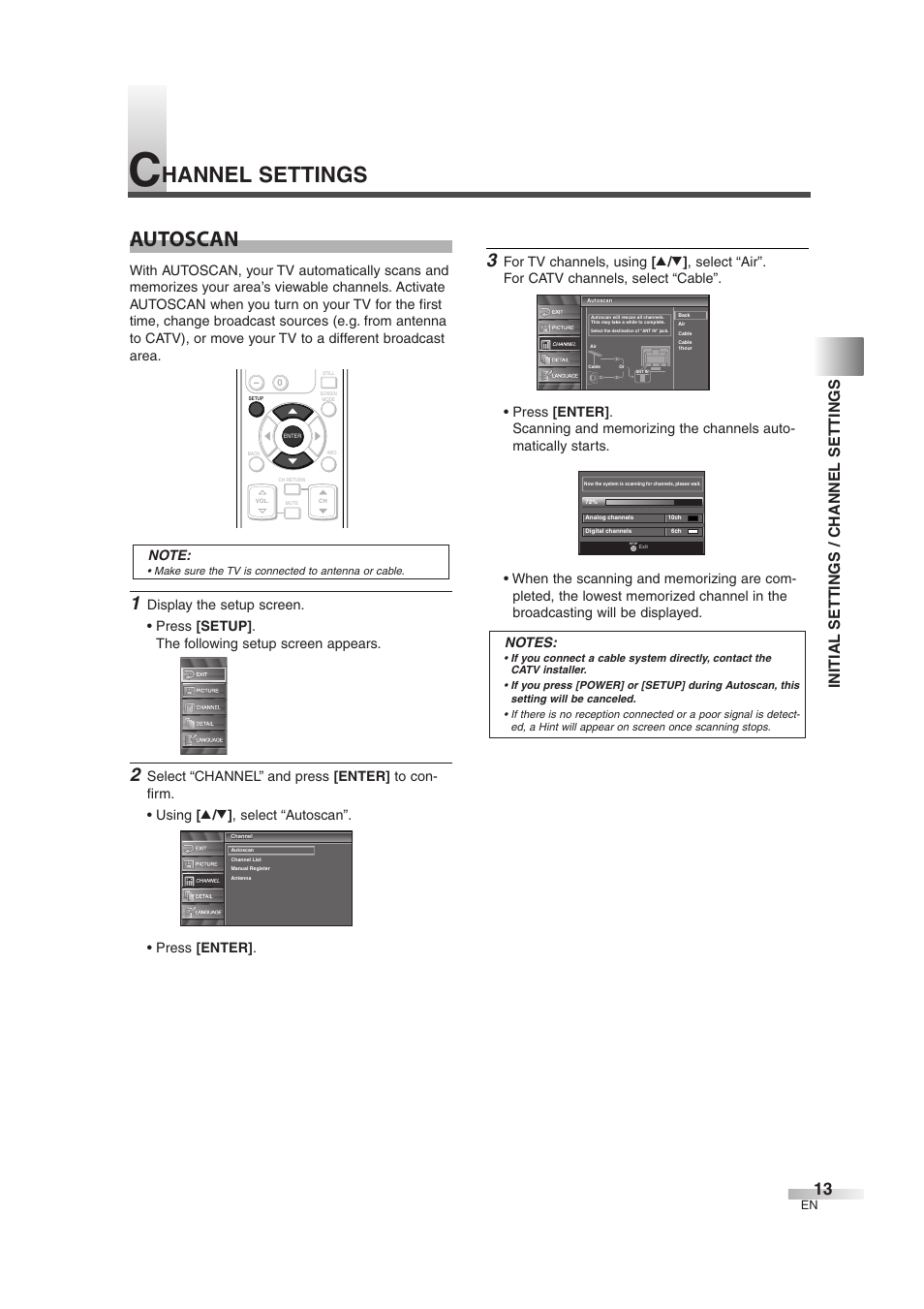 Autoscan, Hannel settings, Initial settings / channel settings | Emerson EWL3706 User Manual | Page 13 / 36