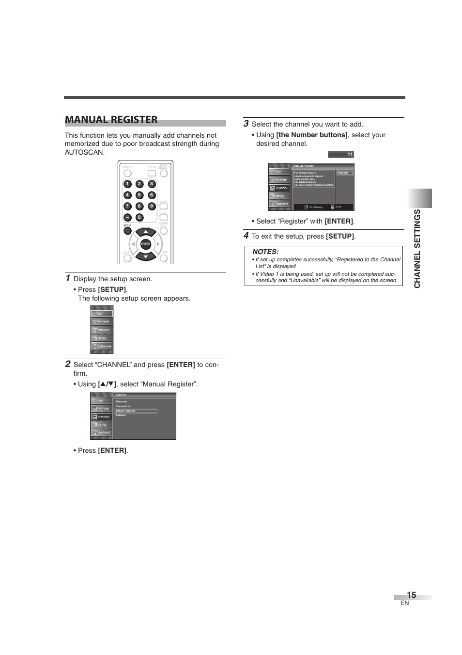 Manual register, Channel settings | Emerson EWL3706 User Manual | Page 15 / 36