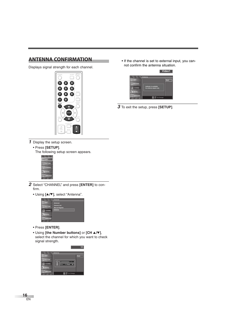 Antenna confirmation, Displays signal strength for each channel | Emerson EWL3706 User Manual | Page 16 / 36