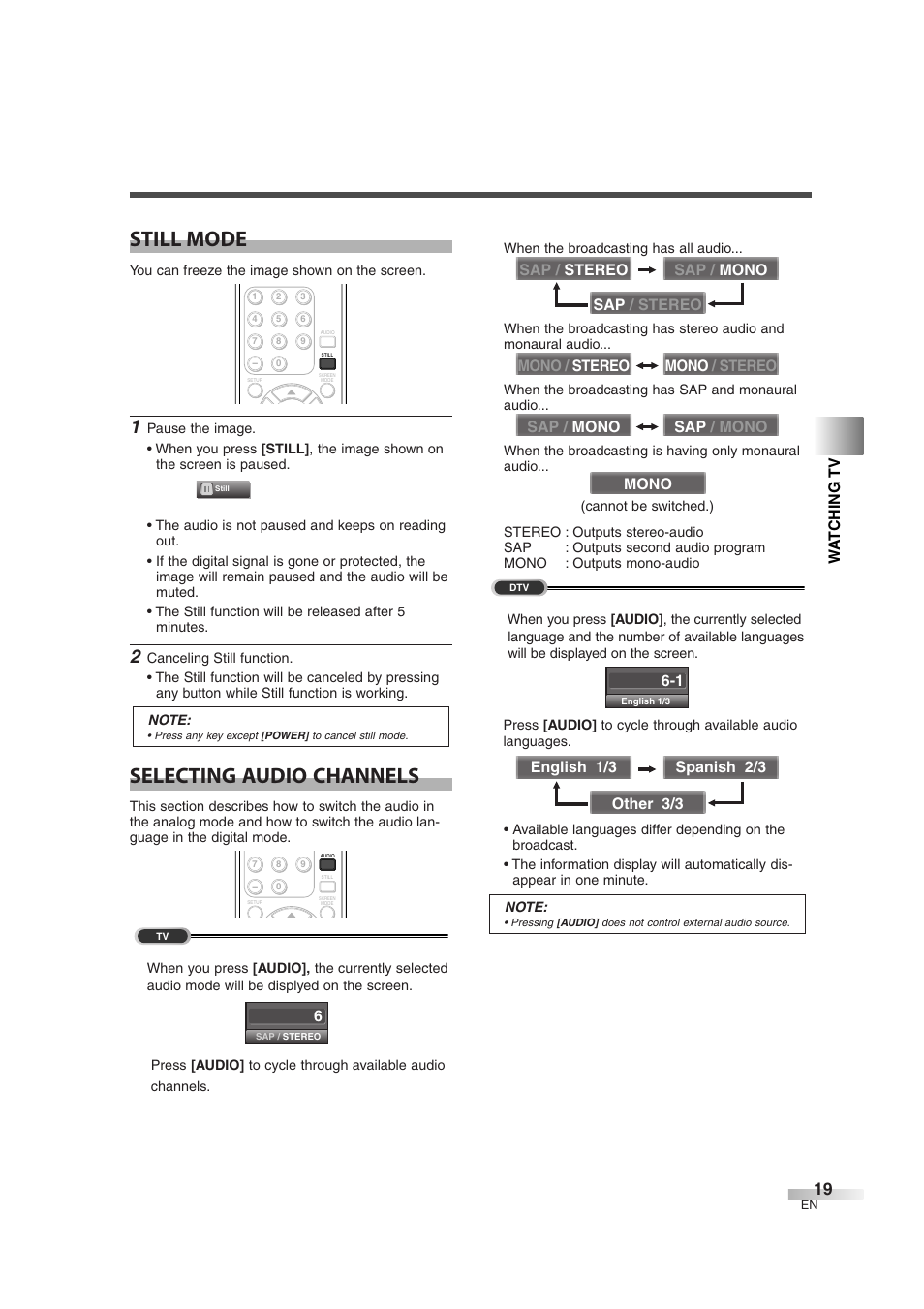 Still mode, Selecting audio channels, Wa tching tv | Emerson EWL3706 User Manual | Page 19 / 36