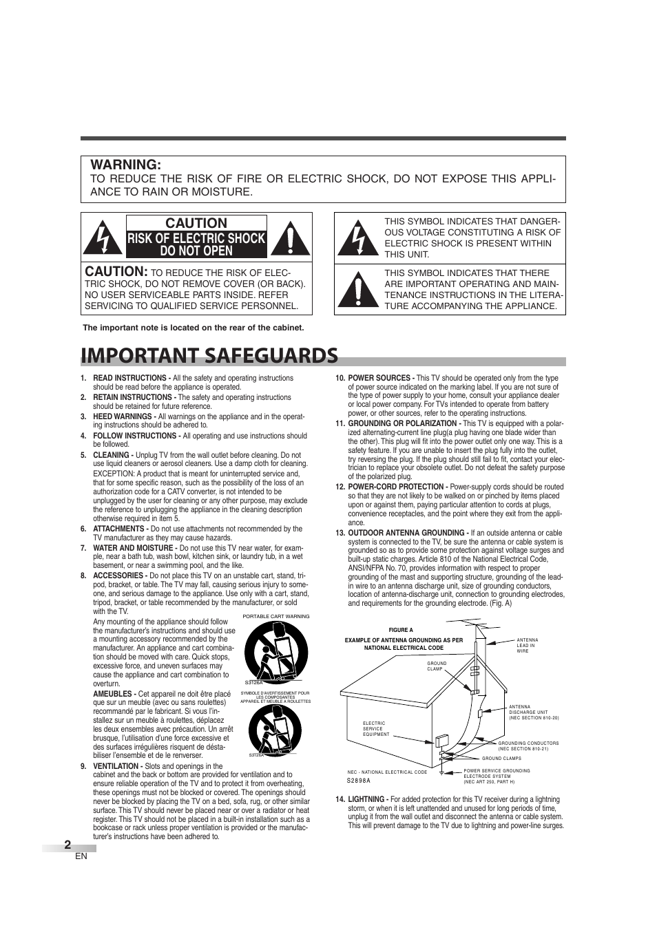Important safeguards, Caution, Caution risk of electric shock do not open | Warning | Emerson EWL3706 User Manual | Page 2 / 36