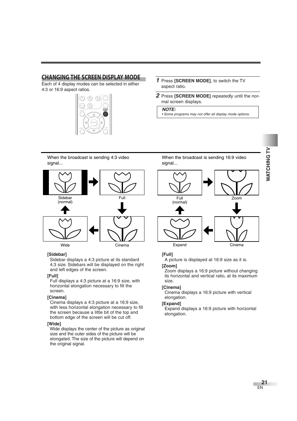 Changing the screen display mode, Wa tching tv | Emerson EWL3706 User Manual | Page 21 / 36