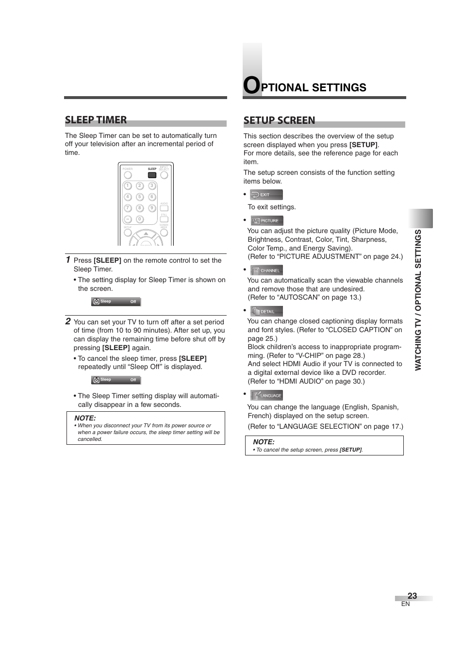 Ptional settings setup screen, Sleep timer, Wa tching tv / optional settings | Emerson EWL3706 User Manual | Page 23 / 36