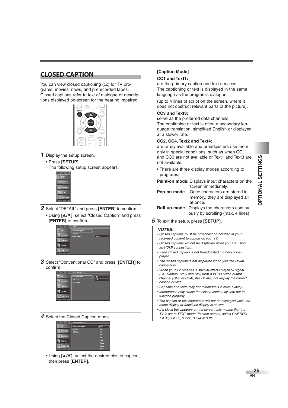 Closed caption, Optional settings | Emerson EWL3706 User Manual | Page 25 / 36