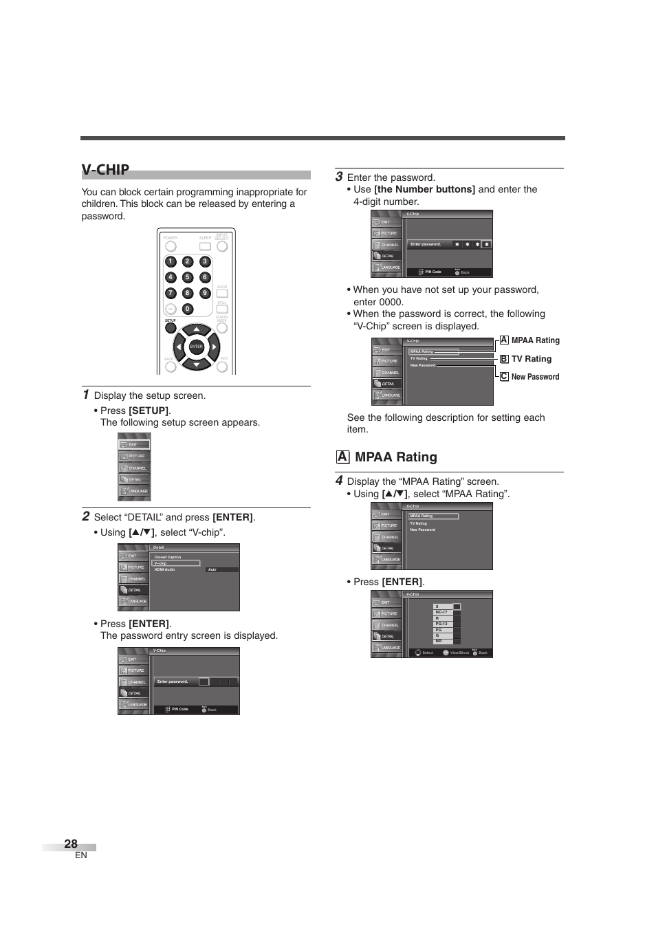 V-chip, A mpaa rating, A mpaa rating b tv rating c new password | Emerson EWL3706 User Manual | Page 28 / 36